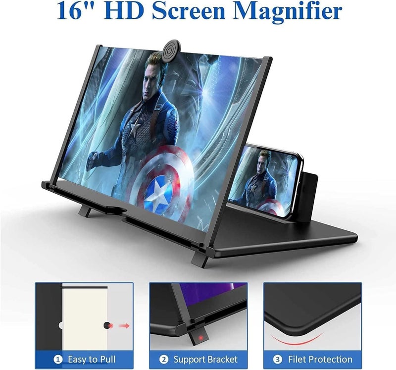 Kerfulty 16" Screen Magnifier for Cell Phone – 3D HD Magnifing Screen Enlarger Projector for Movies Videos and Gaming – Foldable Phone Stand Holder with Screen Amplifier–Supports All Smartphones (Black-16inch) - Image 2